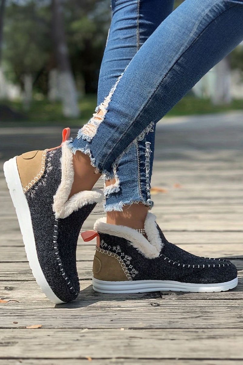 Carbon Grey Suede Patchwork Plush-Lined Anklet Boots with Stitching Detail - Love Salve